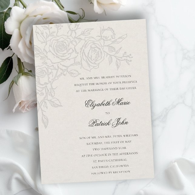 Invitation Thème Rose Aimé Ecru Formel Mariage Classique (formal traditional wedding invitation roses theme floral modern classic luxury pure ecru)