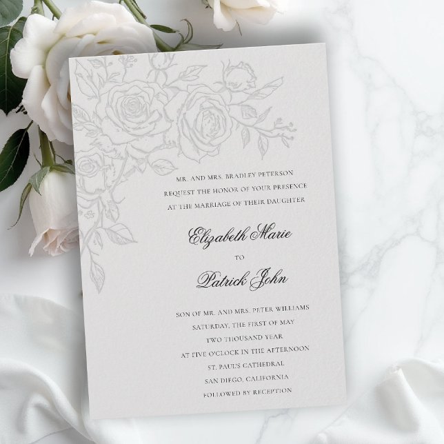 Invitation Thème Rose Aimé Ivoire Formel Mariage Classique (formal traditional wedding invitation roses theme floral modern classic luxury pure ivory)