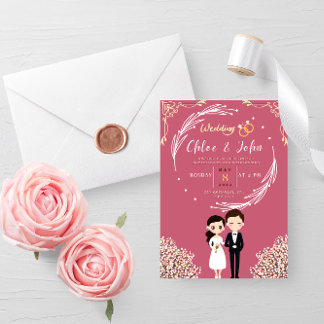 Invitation Thème rose et or de Kawaii de Chibi Couple Mariage