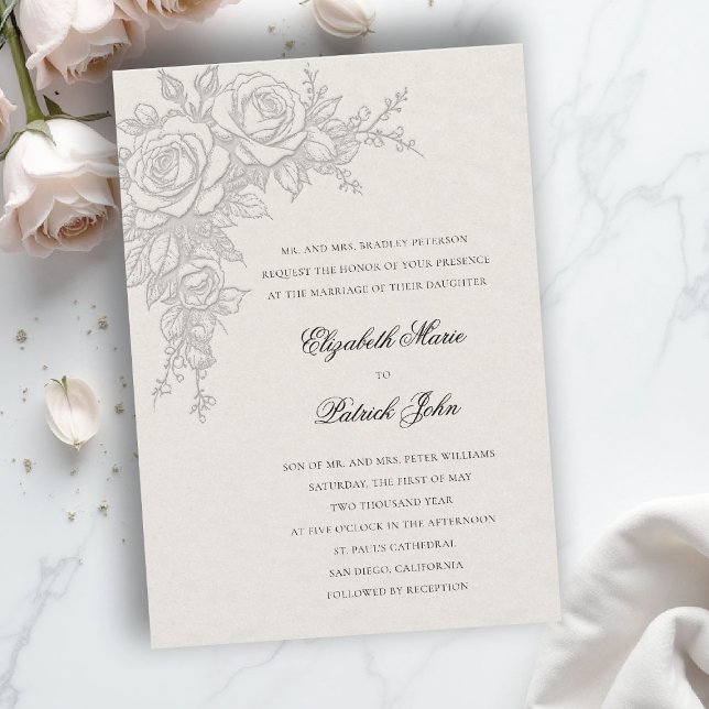 Invitation Thème Rose Timeless Ecru Mariage Formel Classique (formal traditional wedding invitation roses theme floral modern classic luxury ecru neutral cream)