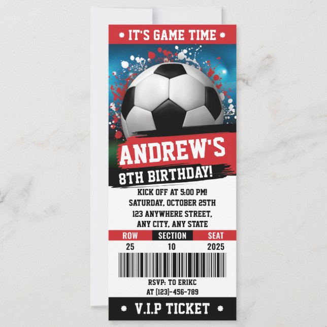 Invitation Thème rouge personnel Soccer Ticket Anniversaire (Devant)