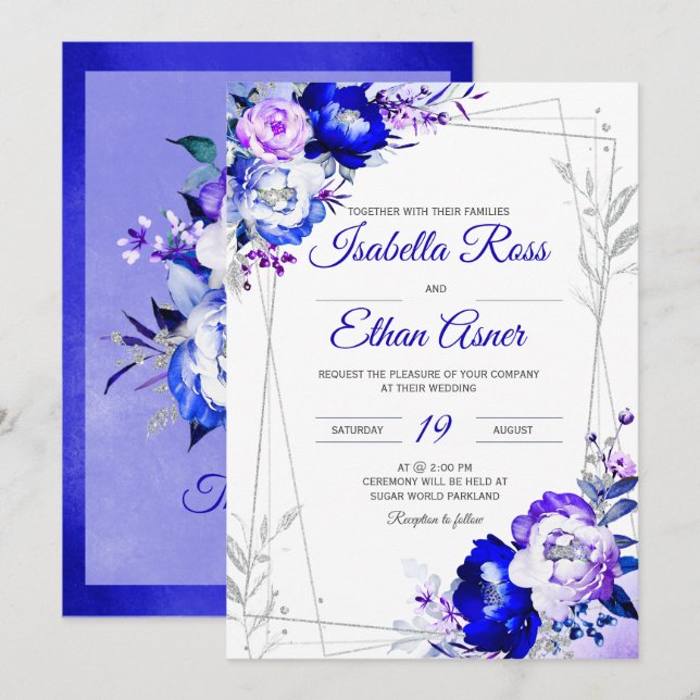 Invitation Thème Royal Blue and Purple Mariage (Devant / Derrière)