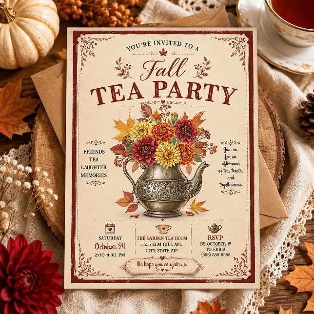 Invitation Thème rustique vintage automne fête du thé (Fall Tea Party Invitation)