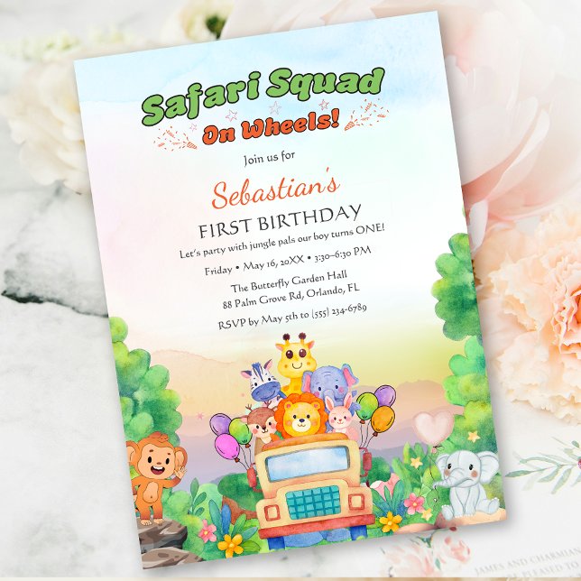 Invitation Thème Safari Ride – Wild One 1er Anniversaire Bébé (Wild One Safari Ride – Jungle 1st Birthday for boy Invitation)