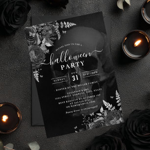 Invitation Thème sombre crâne floral fête Halloween