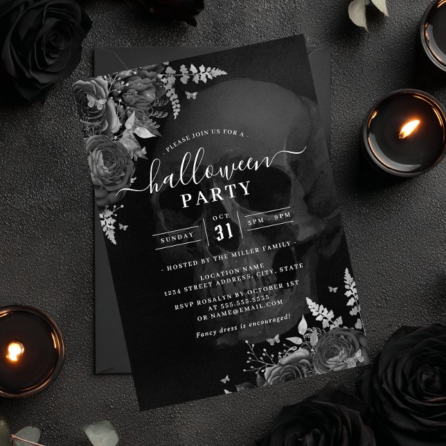 Invitation Thème sombre crâne floral fête Halloween  (Créateur téléchargé)
