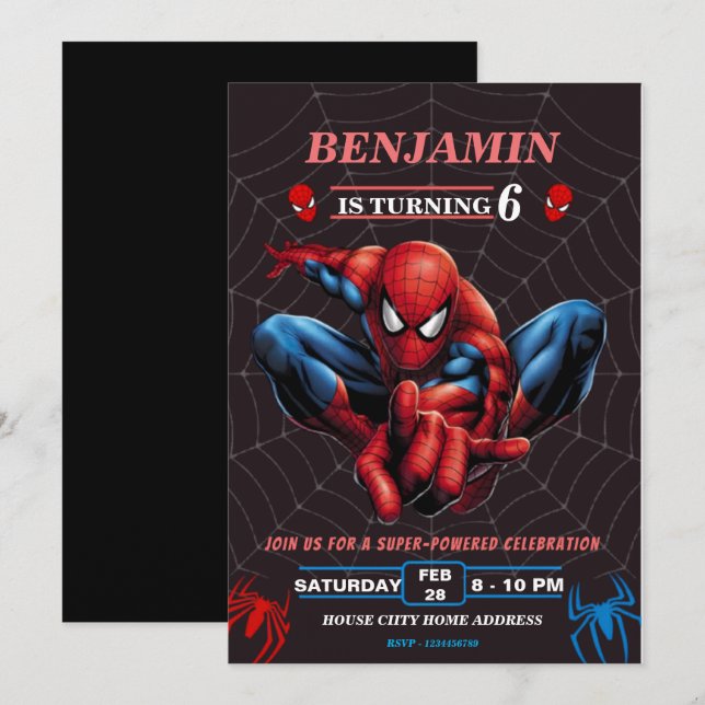 Invitation Thème Spiderman Anniversaire Super-héros Fête d'ar (Devant / Derrière)