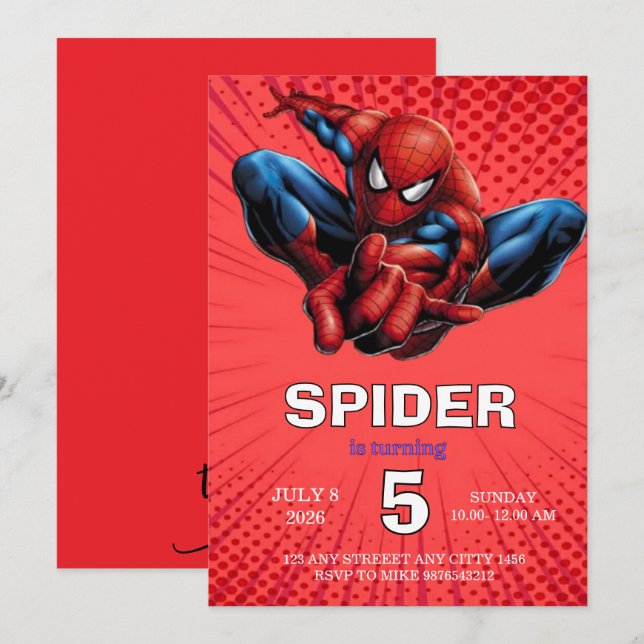 Invitation Thème Spiderman Anniversaire Super-héros Fête d'ar (Devant / Derrière)