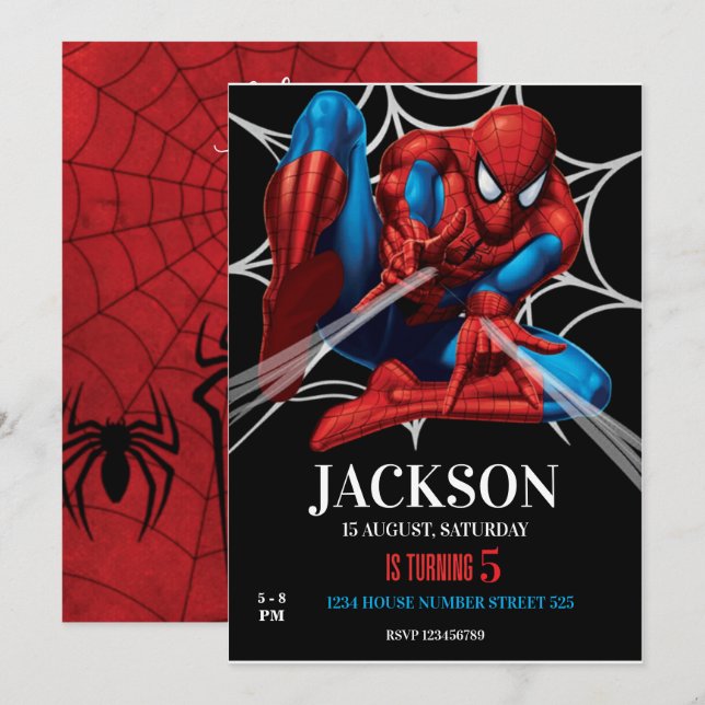 Invitation Thème Spiderman Anniversaire Super-héros Fête d'ar (Devant / Derrière)