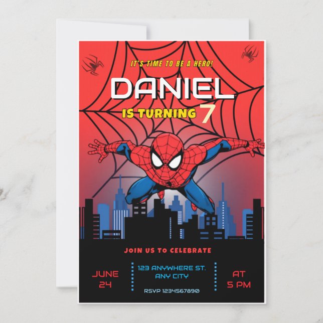 Invitation Thème Spiderman Anniversaire Super-héros Fête d'ar (Devant)