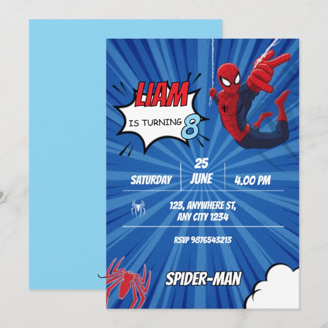 Invitation Thème Spiderman Anniversaire Super-héros Fête d'ar (Devant / Derrière)