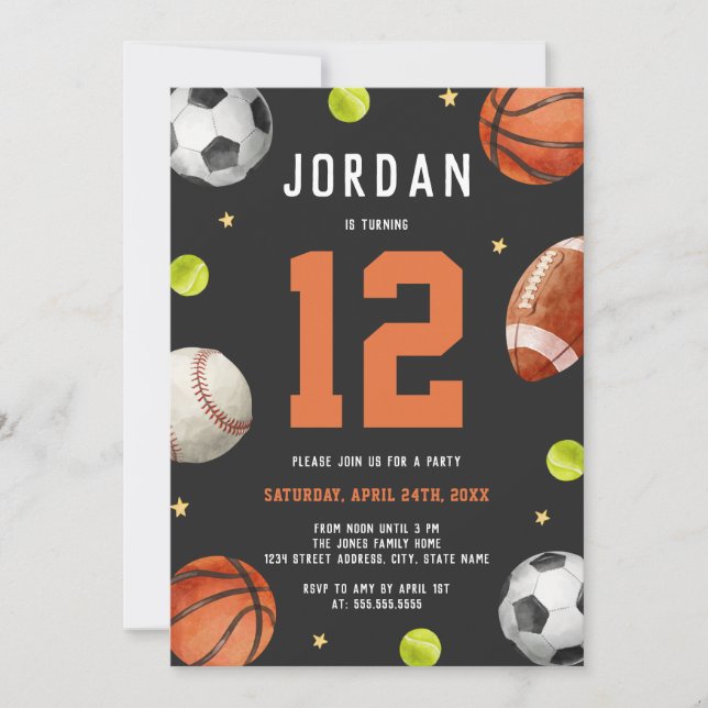 Invitation Thème Sportif Anniversaire Orange Gris  (Devant)