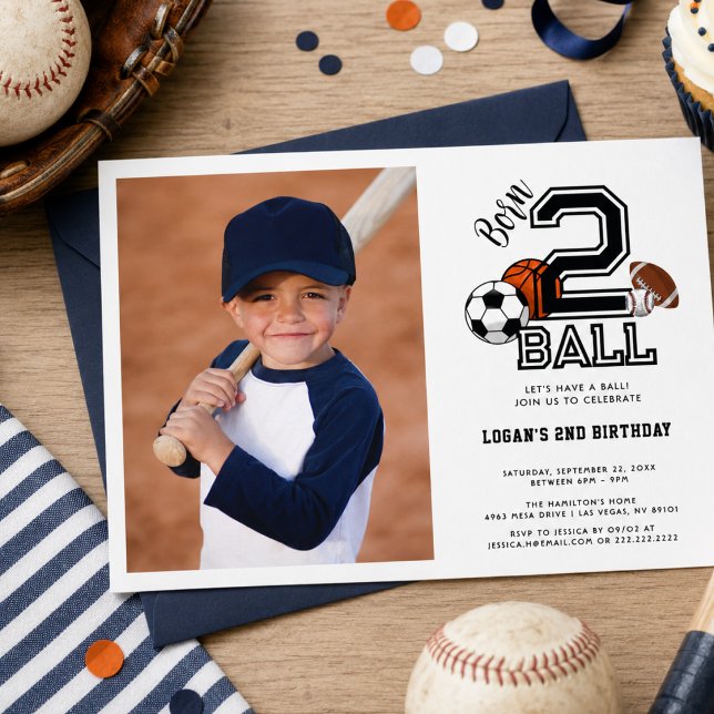 Invitation Thème sportif pour garçon de 2 ans pour fête d'ann (Born 2 Ball Sports Theme Boy’s 2nd Birthday Party Invitation)