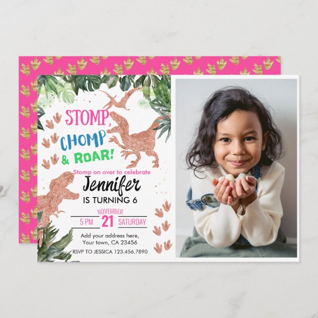 Invitation Thème T-Rex Dinosaur (Devant / Derrière)