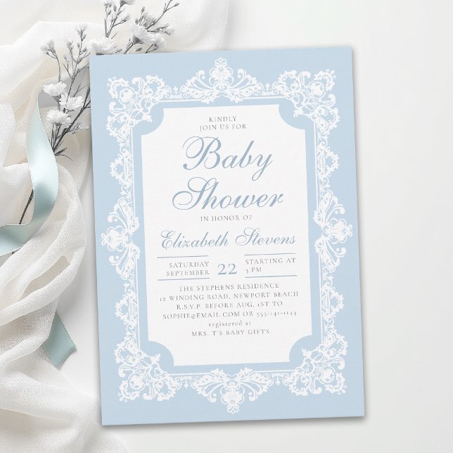 Invitation Thème Tea Party Dusty Blue Élégant pour l'annonce  (baby shower tea party invitations white lace dusty blue elegant modern classic template card)