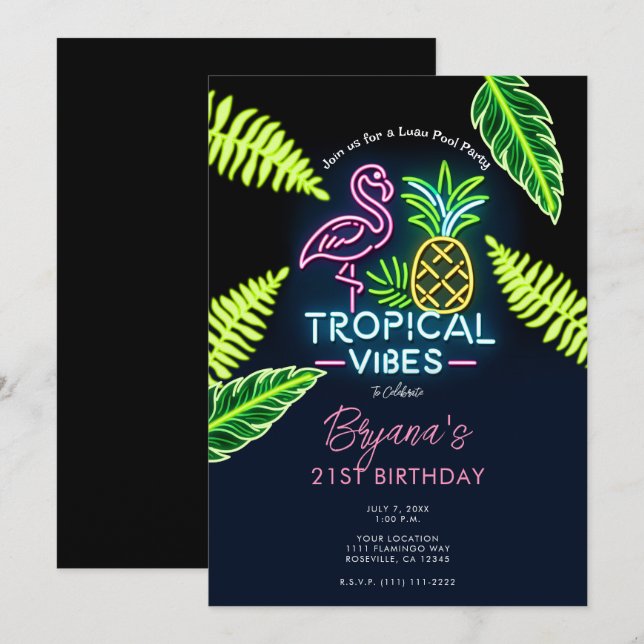 Invitation Thème Tropical Néon Fête d'Anniversaire Feuilles L (Devant / Derrière)