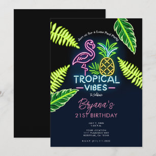 Invitation Thème Tropical Néon Fête d'Anniversaire Feuilles L