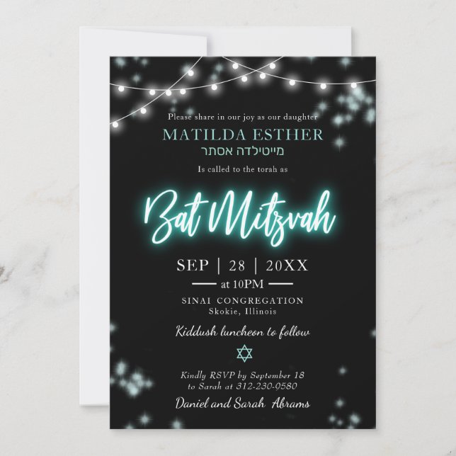 Invitation Thème Turquoise Neon bat mitzvah (Devant)