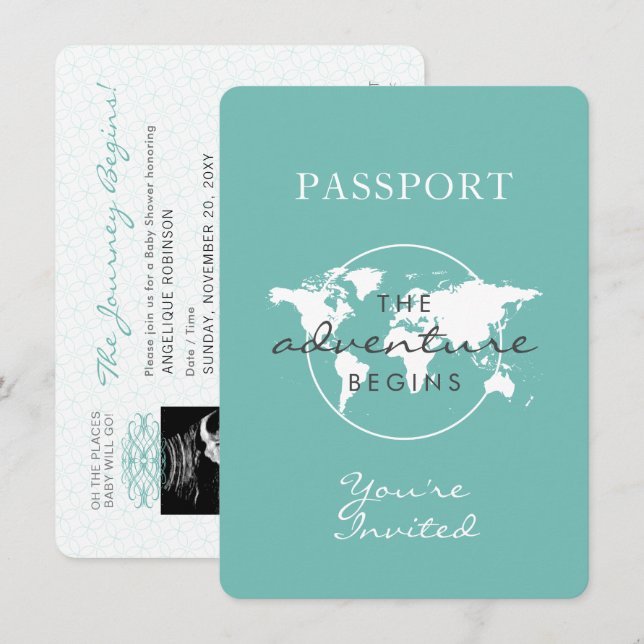 Invitation Thème Voyage Passport Neutre Genre Turquoise Baby (Devant / Derrière)