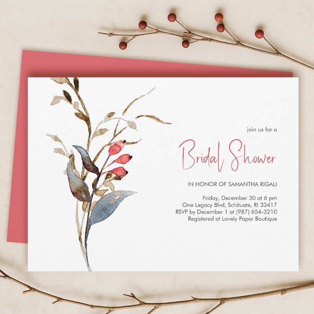 Invitation Thèmes élégants de douche de mariée pour l'automne (Fall bridal shower theme features a flat lay of invitations with elegant botanicals on a white card)