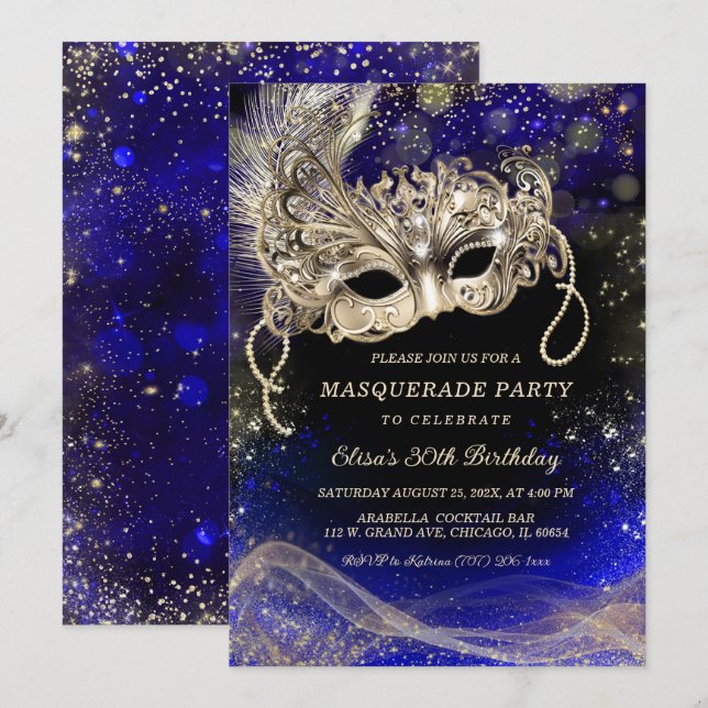 Invitation Thèmes Or Bleu Éditable pour Soirée Masquée (Devant / Derrière)