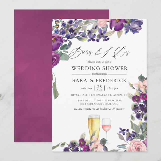 Invitation Thés Floraux Violet et Prune Avant Les I Do (Devant / Derrière)