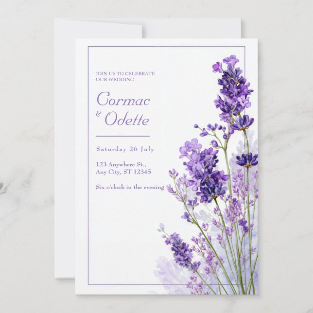 Invitation Thin Purple Watercolor Lavender Frame Wedding (Devant)