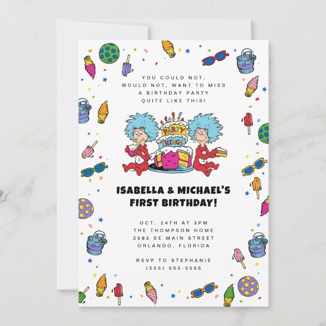 Invitation Thing One Thing Two | Anniversaire des jumeaux Con (Devant)