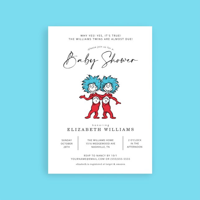Invitation Thing One Thing Two | Jumeaux Baby Shower Bleu (Créateur téléchargé)