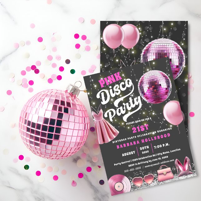 Invitation Think Pink Core Disco Party (Think pink core disco party invitation front and back view.)