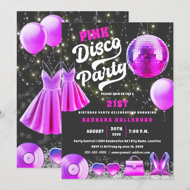 Invitation Think Pink Core Disco Party (Devant / Derrière)