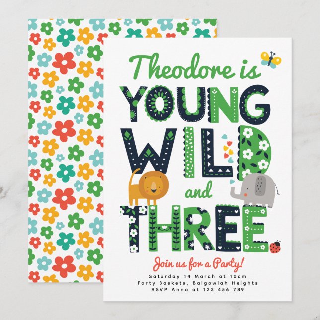 Invitation Third Birthday Invite, Young, Wild and Three Boys (Devant / Derrière)