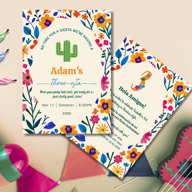 Invitation Third Birthday Mexican floral cactus - Three-esta  (Créateur téléchargé)