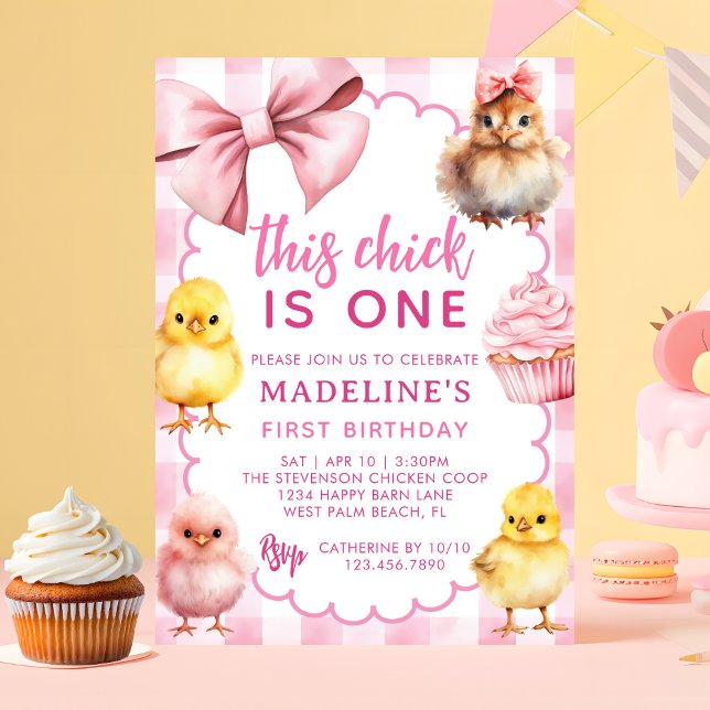 Invitation This Chick Is One Pink Chicken 1st Birthday Party (Créateur téléchargé)