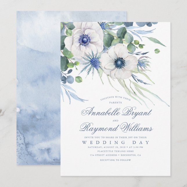 Invitation Thistle Anemone Verdure Dusty Blue Mariage (Devant / Derrière)