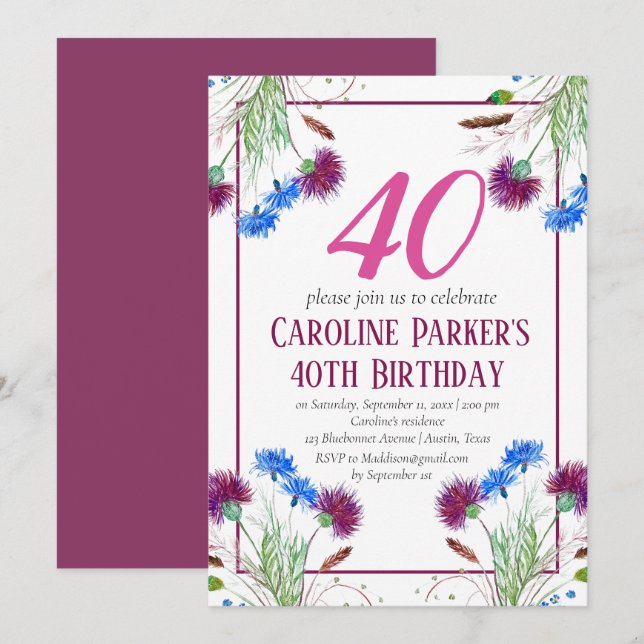 Invitation Thistle Scottish 40e anniversaire violet floral (Devant / Derrière)