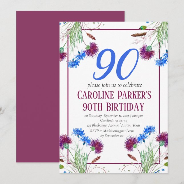 Invitation Thistle Scottish 90e anniversaire violet floral (Devant / Derrière)