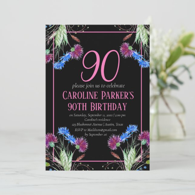Invitation Thistle Scottish 90e anniversaire violet floral (Debout devant)