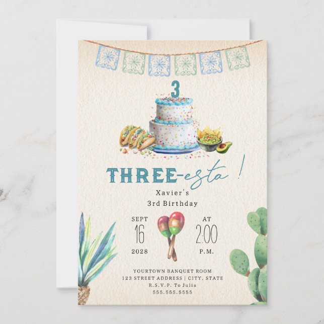 Invitation Three Esta Boys Blue Third Birthday Fiesta (Devant)