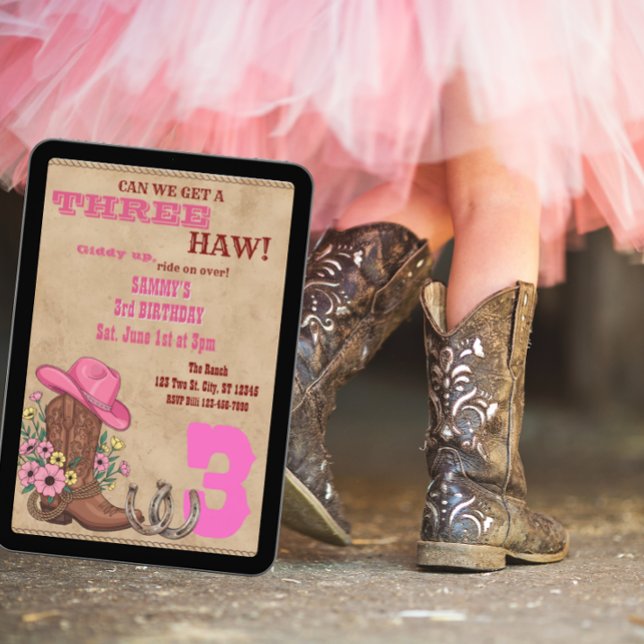 Invitation Three Haw Pink, Western 3rd Birthday (Créateur téléchargé)