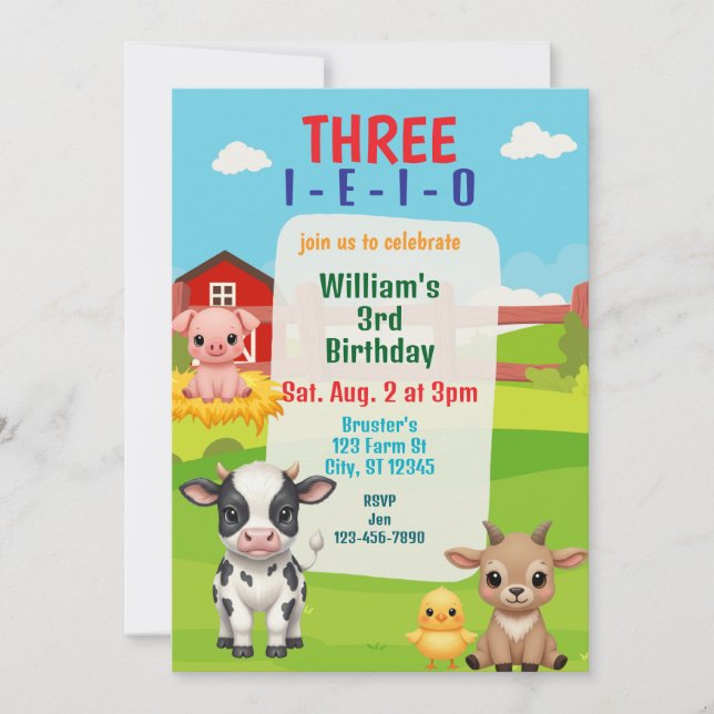 Invitation Three I-E-I-O, Cute Farm Animal 3rd Birthday (Devant)