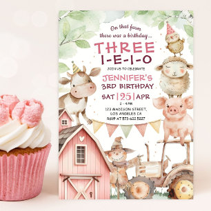 Invitation THREE-I-E-I-O Fille Rose Ferme 3ème Anniversaire