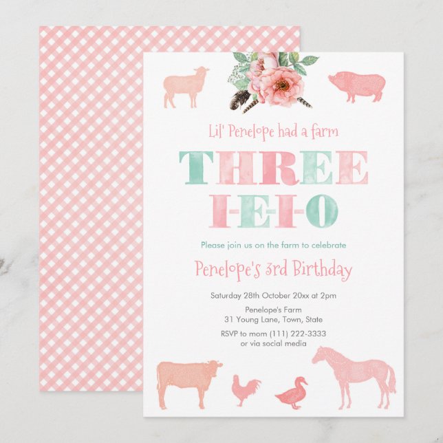 Invitation THREE-IEIO, Fête d'anniversaire 3 ans de la fille  (Devant / Derrière)