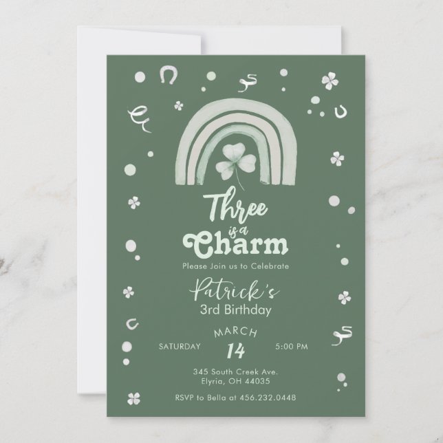 Invitation Three Is A Charm Shamrock Any Age Birthday (Devant)