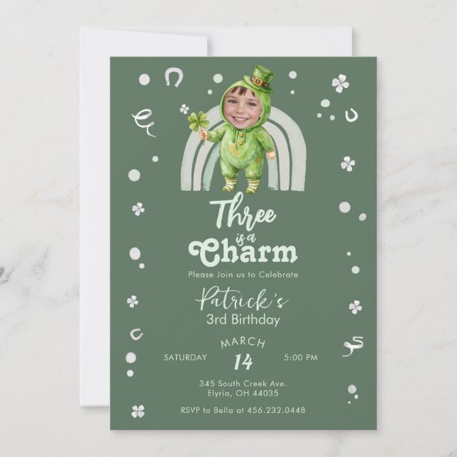 Invitation Three Is A Charm Shamrock Any Age Birthday Photo (Devant)