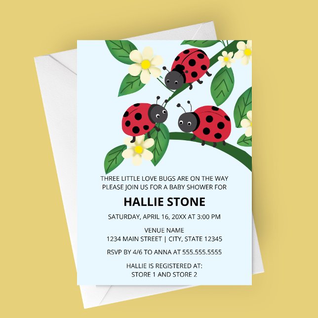 Invitation Three Little Love Bugs Ladybug Baby Shower (Three Little Love Bugs Ladybug Baby Shower Invite | Floral Garden Triplet Shower Invitation)
