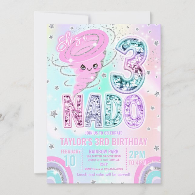 Invitation Three Nado Rainbow Glitter 3rd Birthday Party  (Devant)