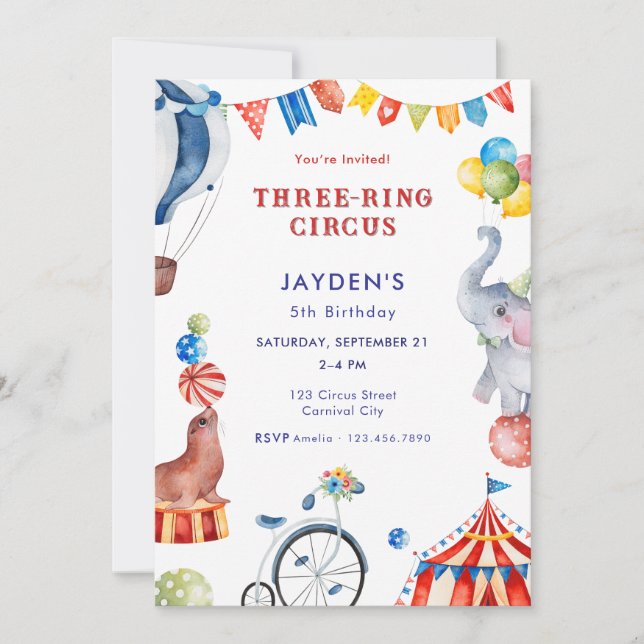 Invitation Three Ring Circus 5th Birthday Carnival Animal (Devant)