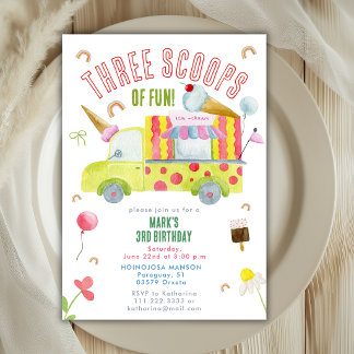 Invitation Three Scoops Of Fun Ice Cream Truck 3rd Birthday 