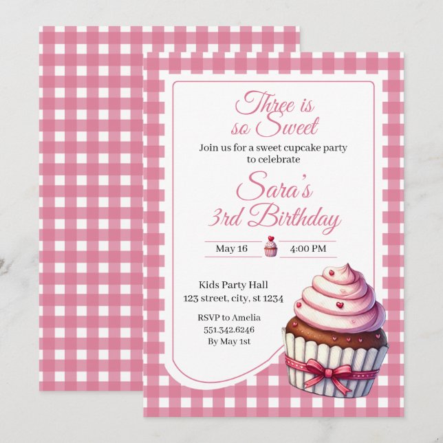 Invitation Three Sweet Pink Cupcake Girl 3rd Birthday Party (Devant / Derrière)